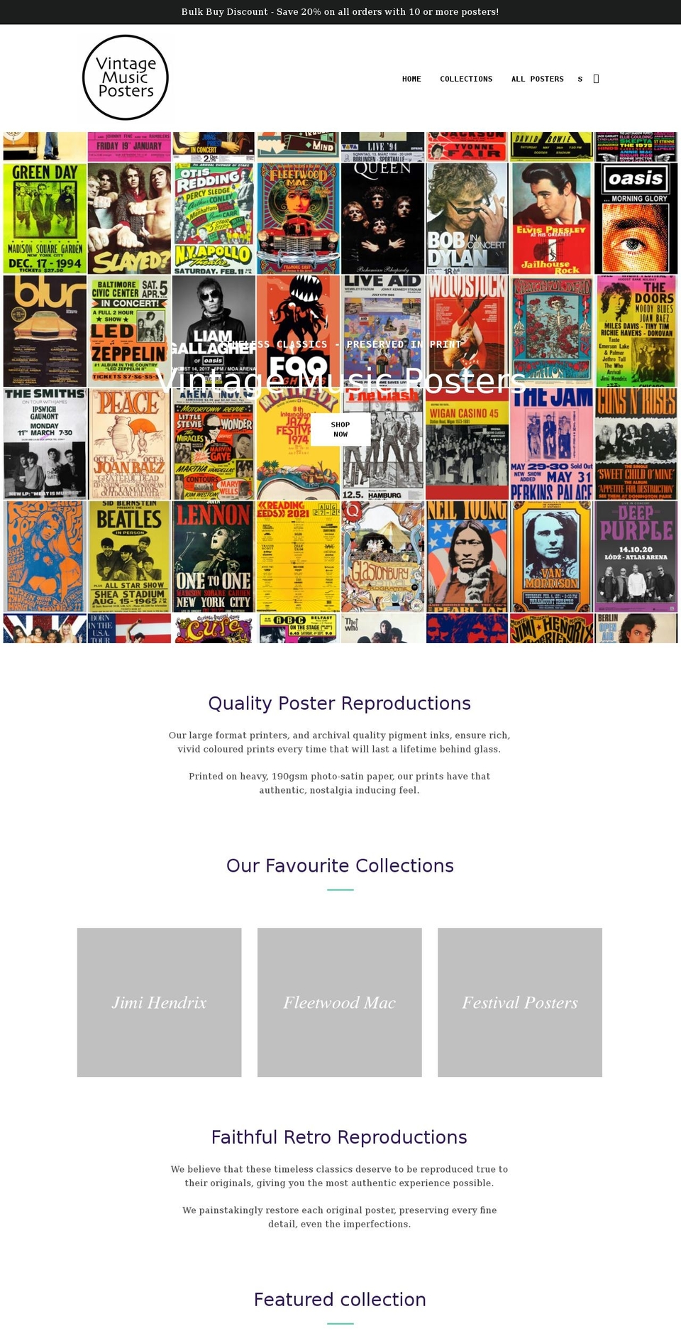 vintagemusicpostershop.com shopify website screenshot