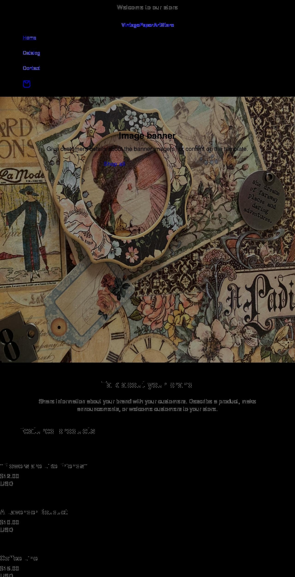 vintagepaperartstore.com shopify website screenshot