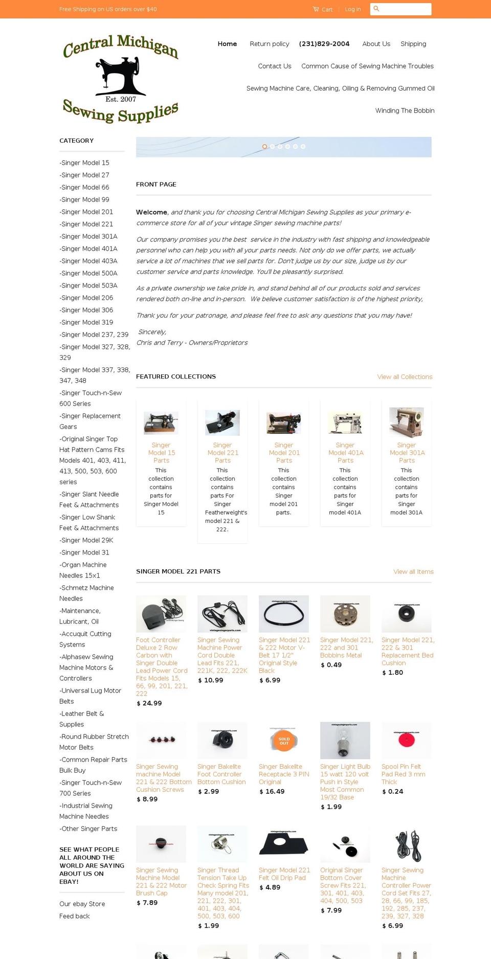 vintagesingerparts.com shopify website screenshot
