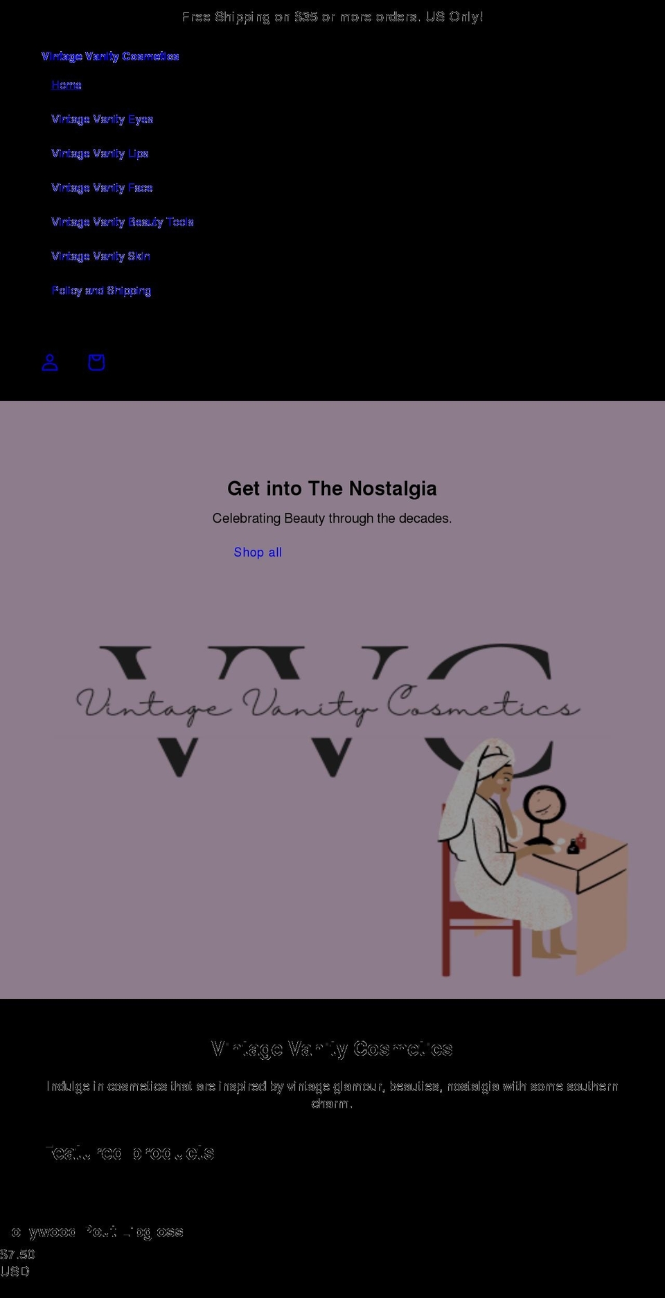 vintagevanitycosmetics.com shopify website screenshot