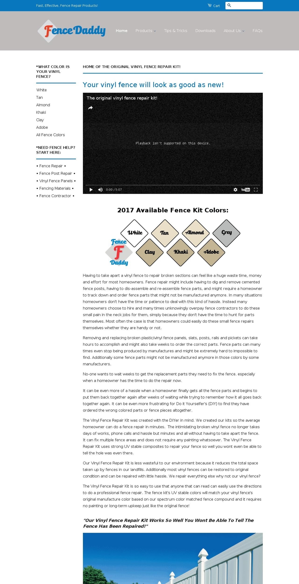 vinylfencerepairkit.com shopify website screenshot