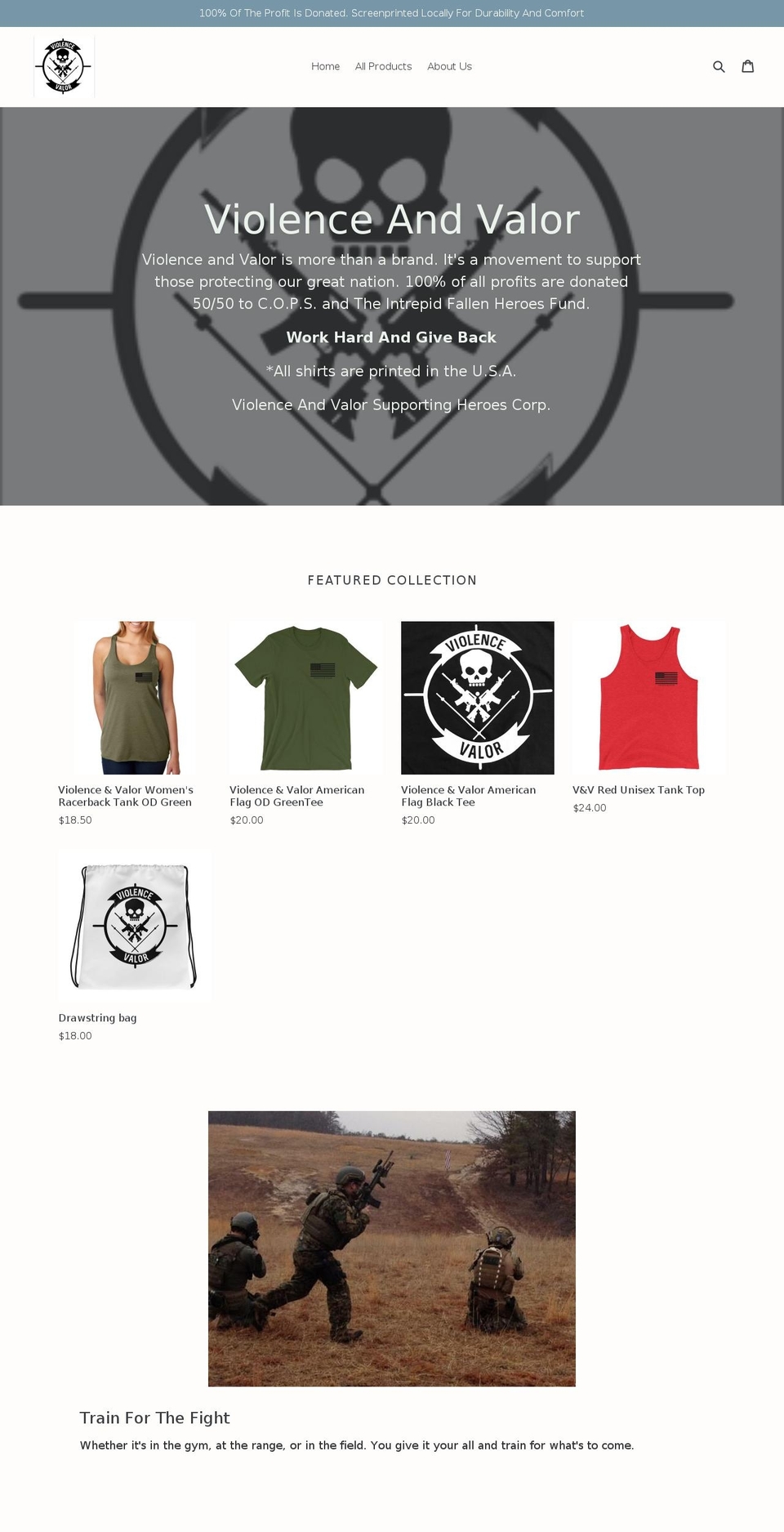 violenceandvalor.com — Shopify storefront screenshot