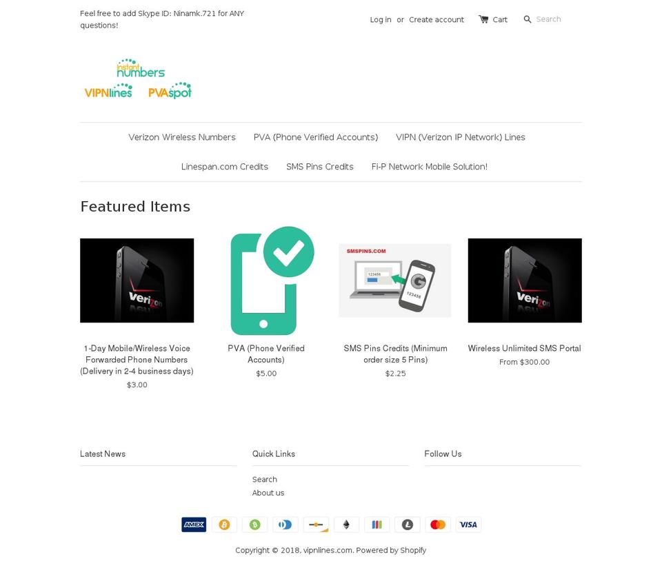 vipnlines.myshopify.com — Shopify storefront screenshot