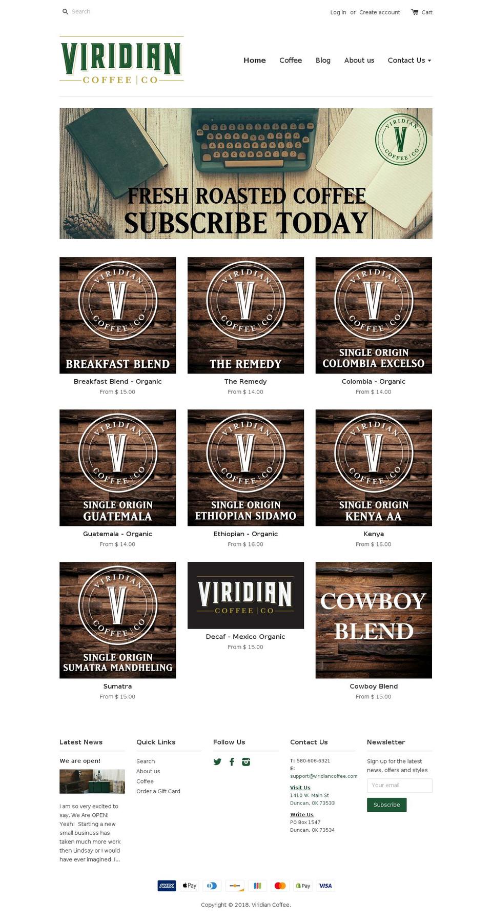 viridiancoffeeroasters.com — Shopify storefront screenshot