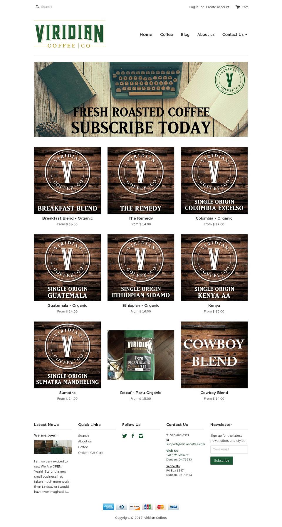 viridiancoffeeroastery.com shopify website screenshot