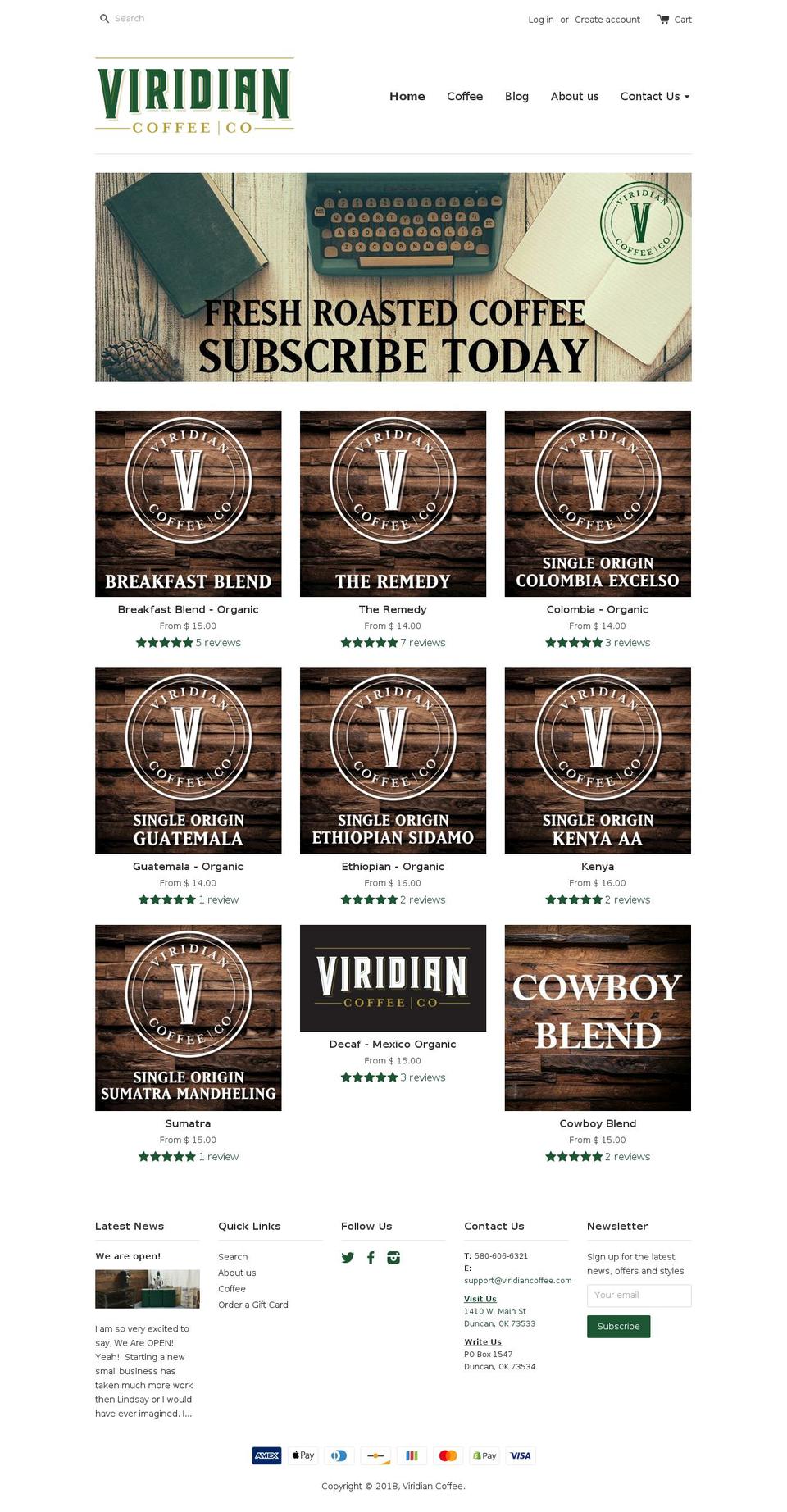 viridianroasters.com — Shopify storefront screenshot