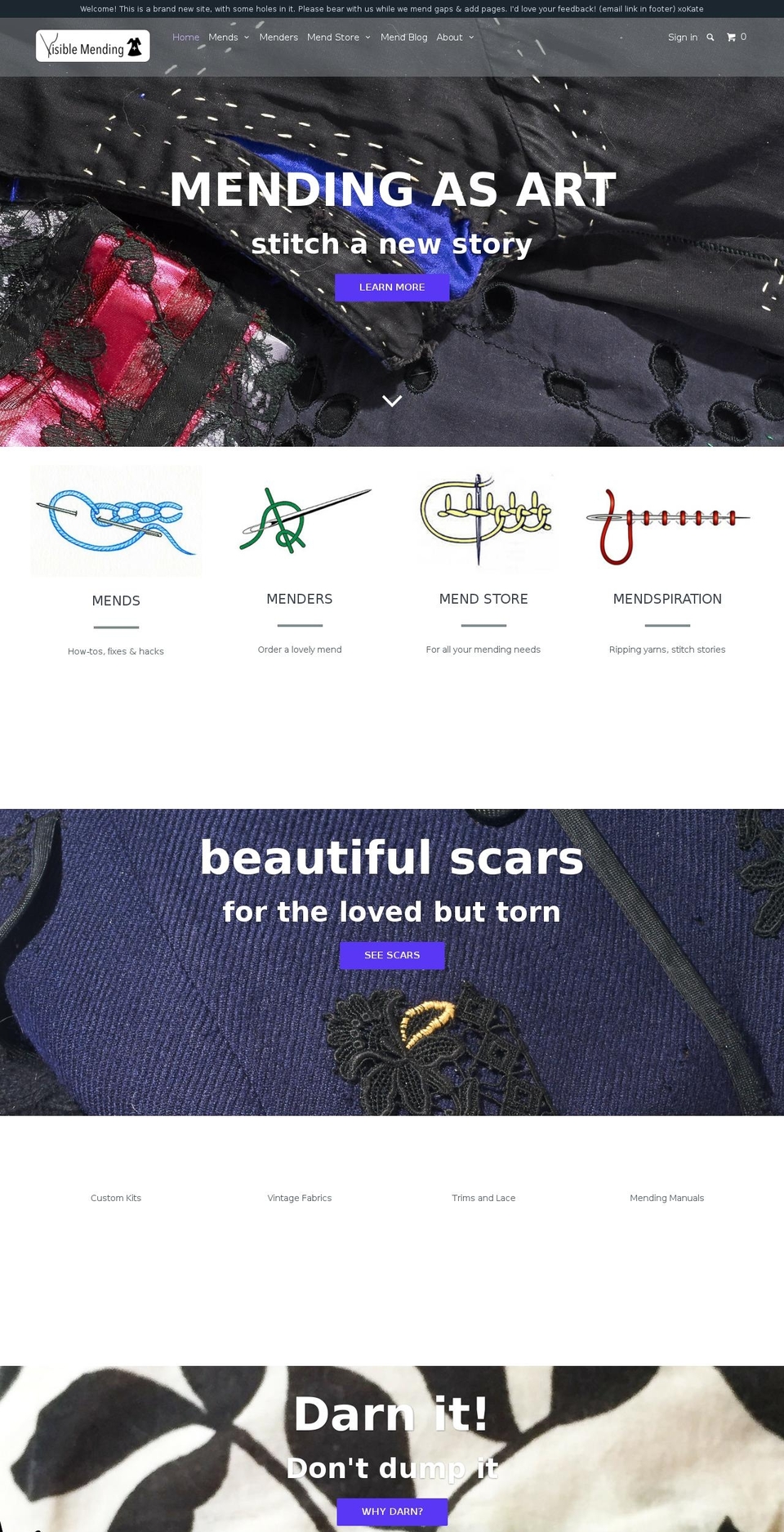 visiblemending.com shopify website screenshot