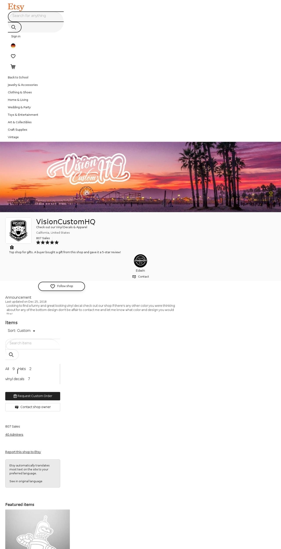 visioncustomhq.com — Shopify storefront screenshot