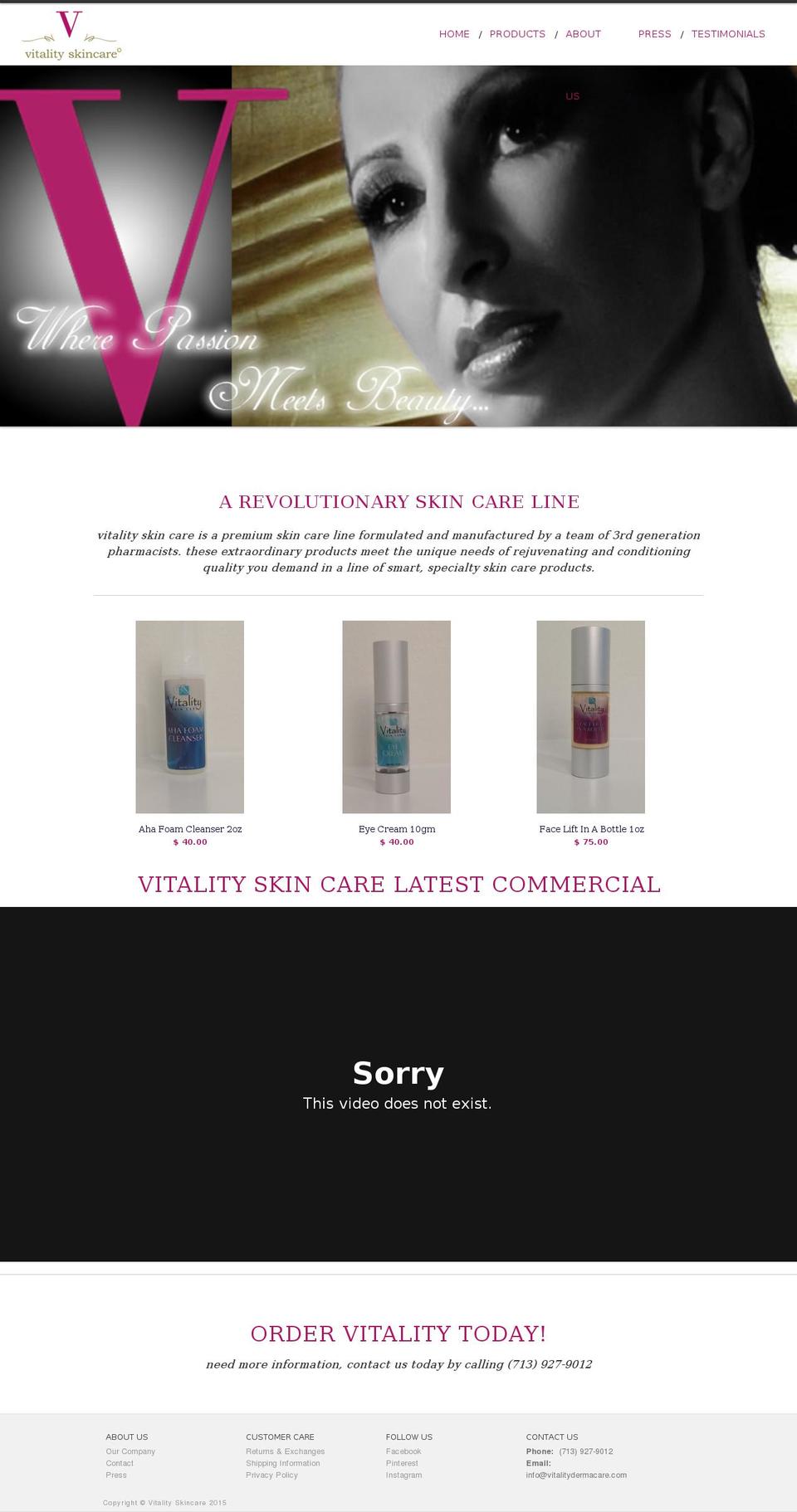 vitalitydermacare.com shopify website screenshot