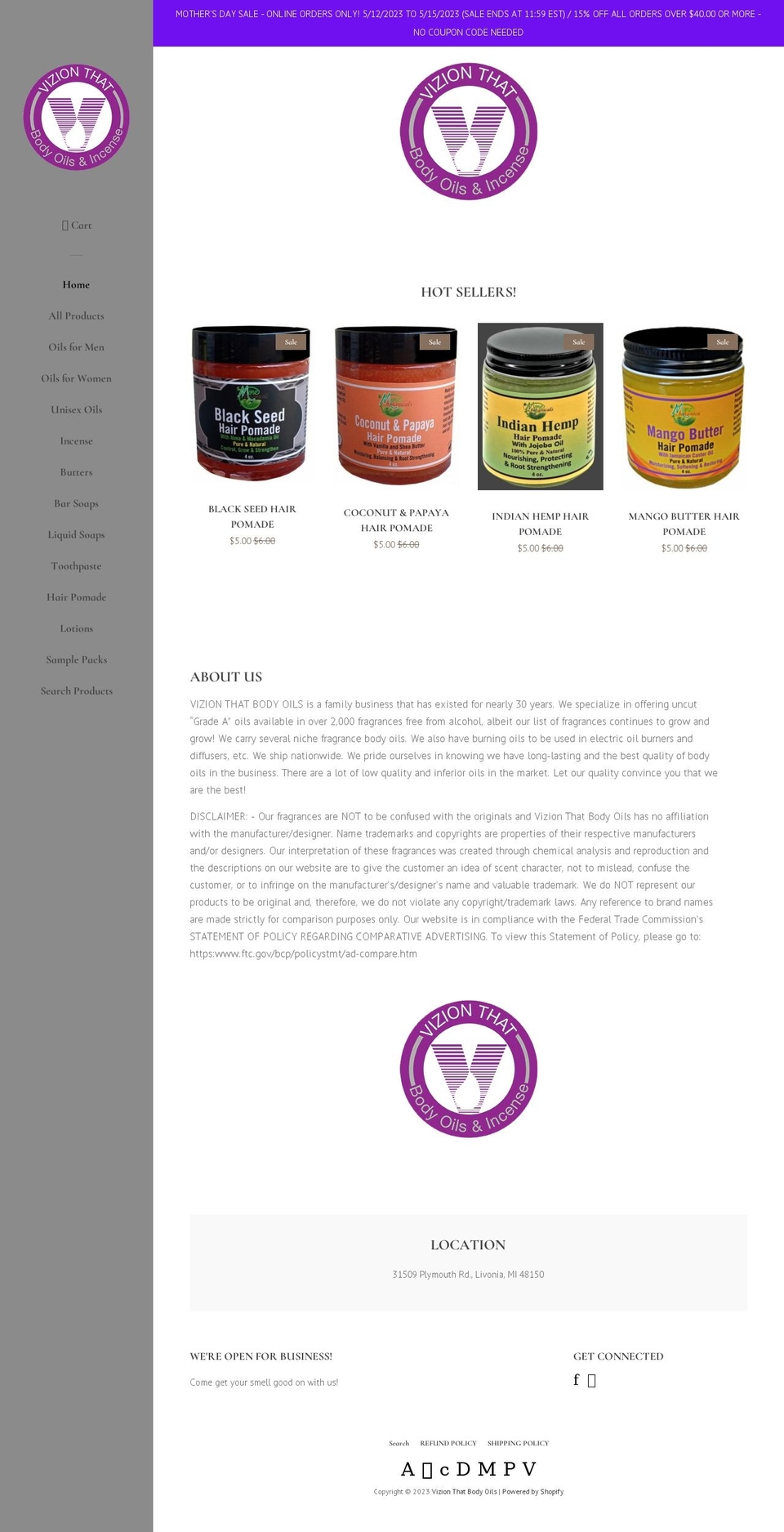 vizionthatbodyoils.com shopify website screenshot