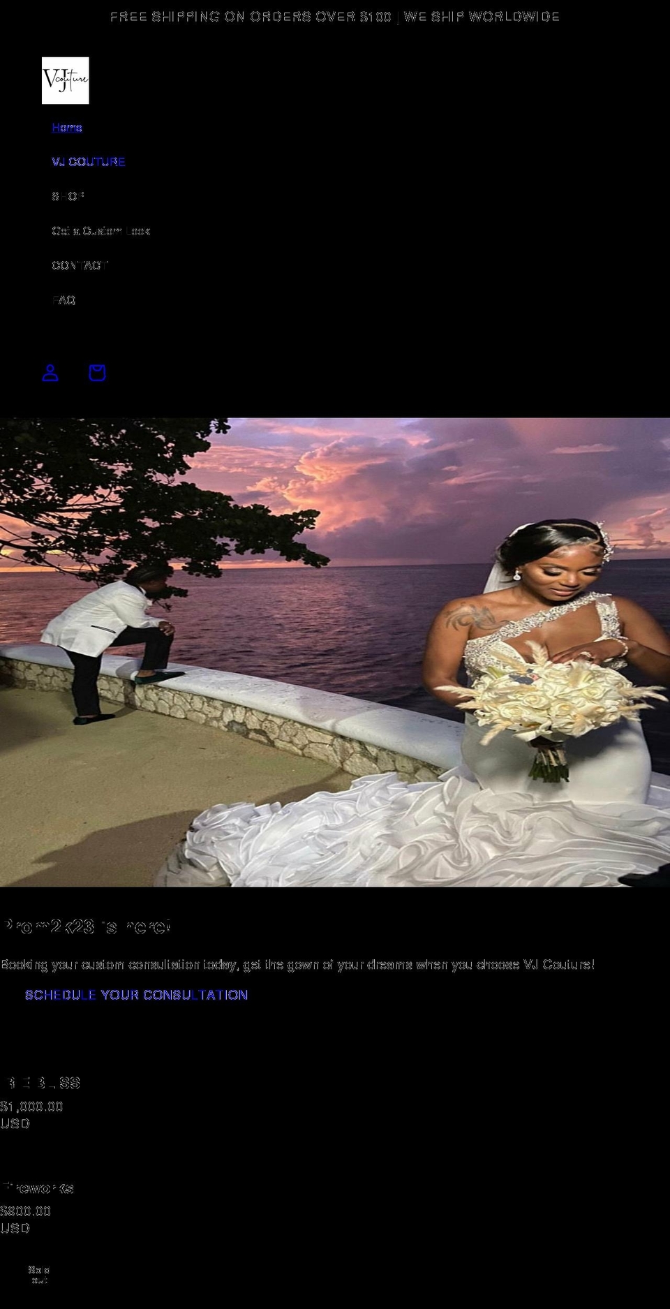 vjcouture.com shopify website screenshot