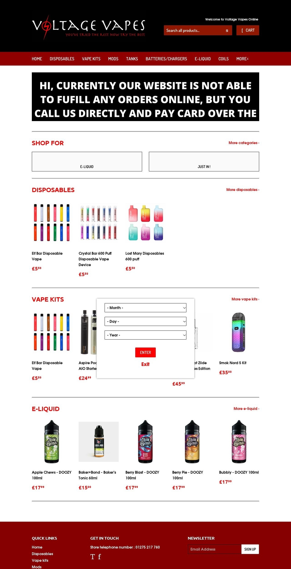 voltagevapes.co.uk shopify website screenshot