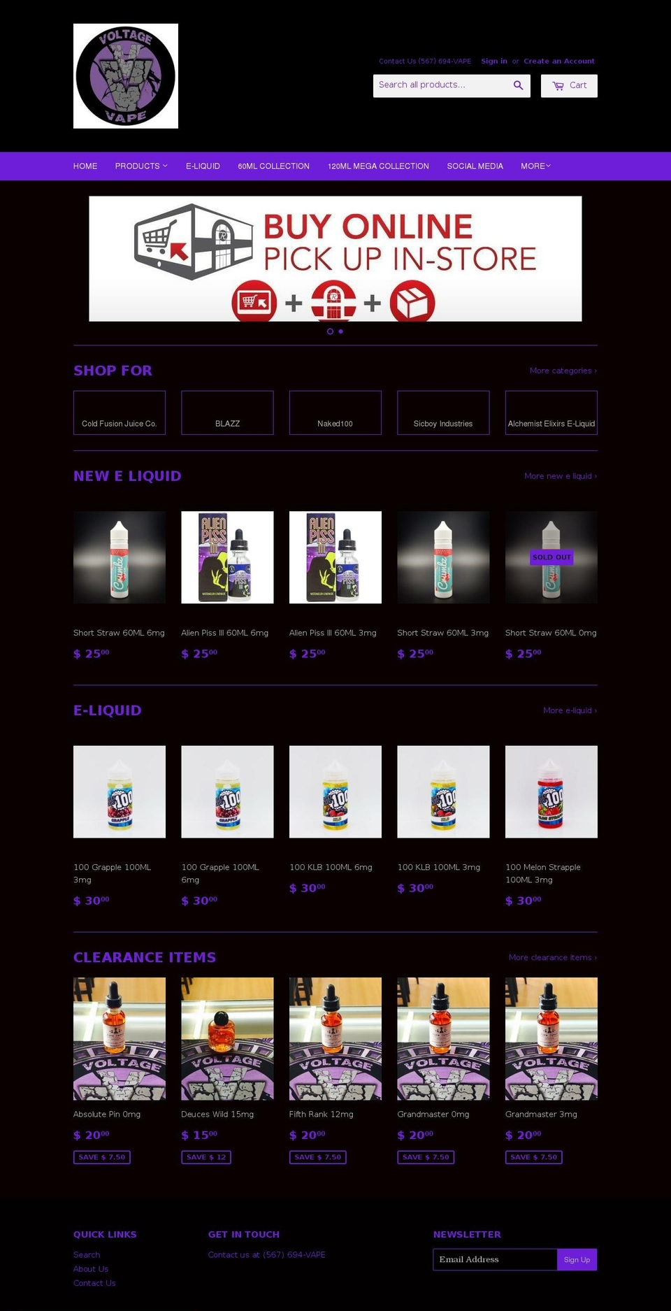 voltagevapors.com shopify website screenshot