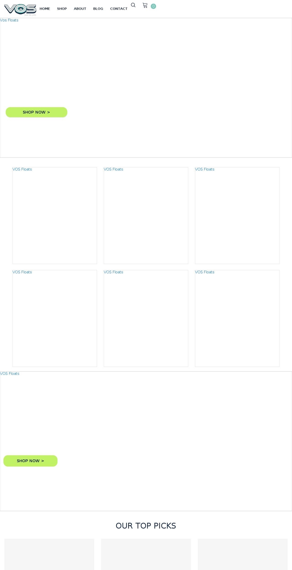 vosfloats.com shopify website screenshot
