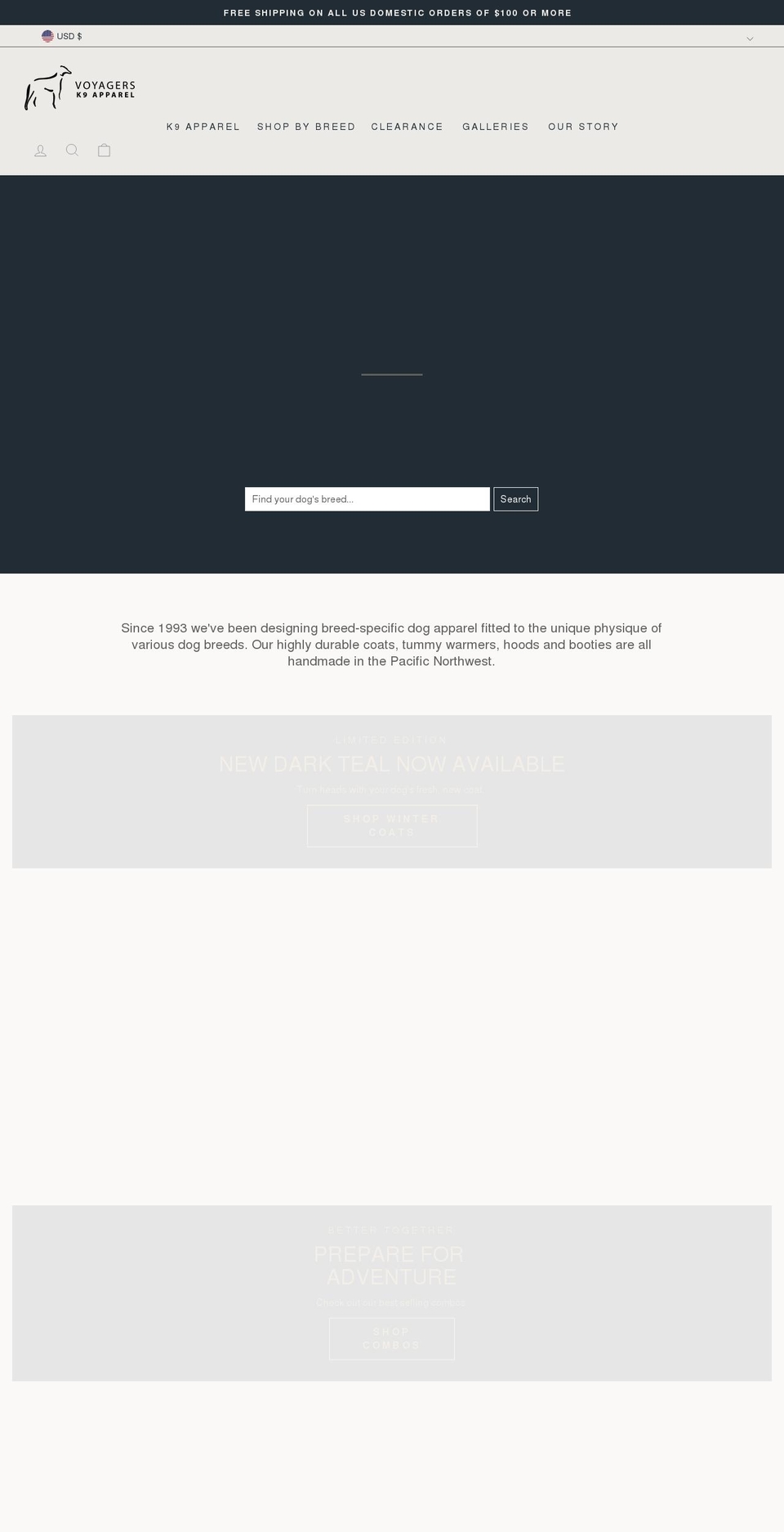 voyagers-k9-apparel.myshopify.com — Shopify storefront screenshot