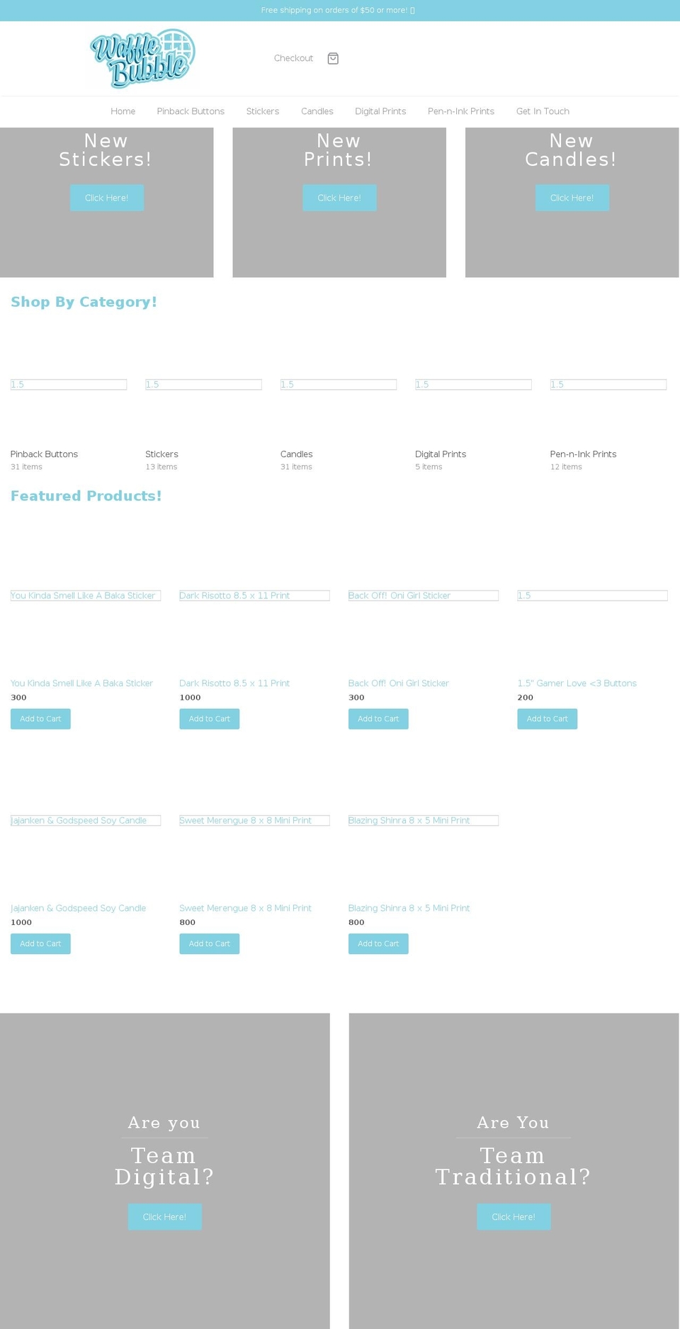 wafflebubbleart.com shopify website screenshot