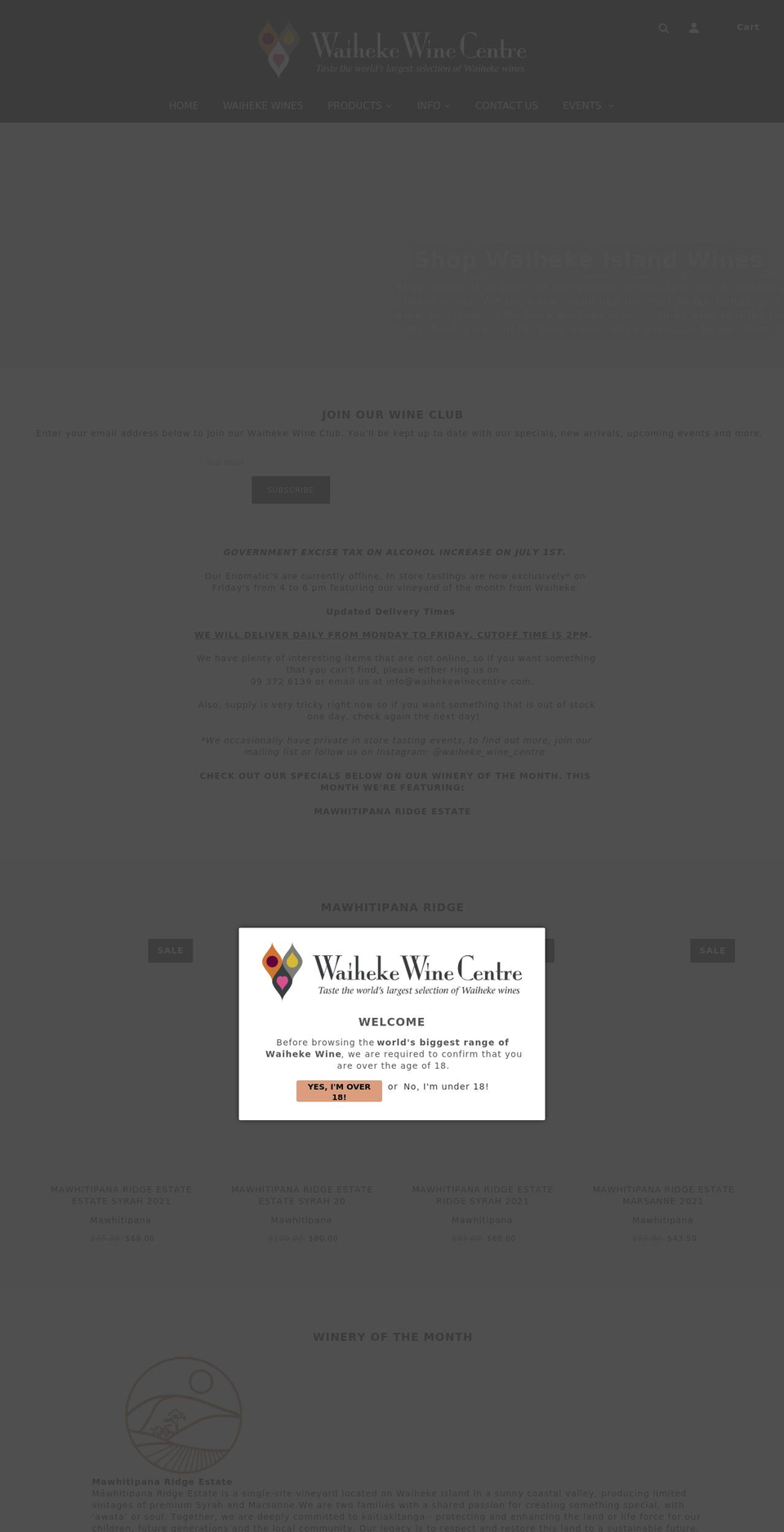 waihekewinecentre.com shopify website screenshot