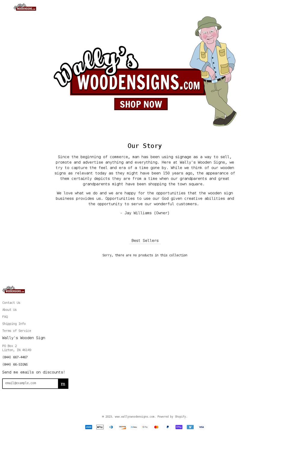 wallyswoodensigns.com shopify website screenshot