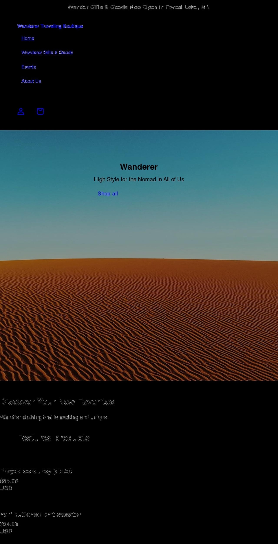 wanderertravelingboutique.com shopify website screenshot