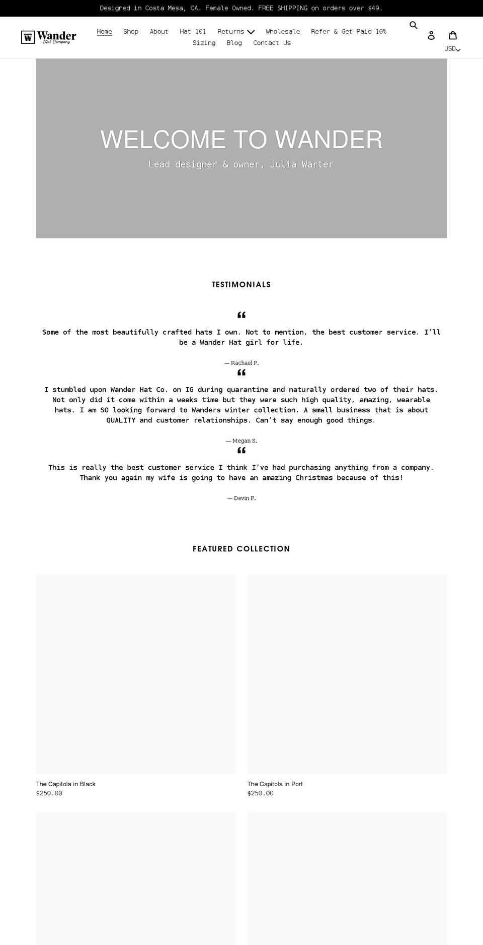 wanderhatco.com shopify website screenshot