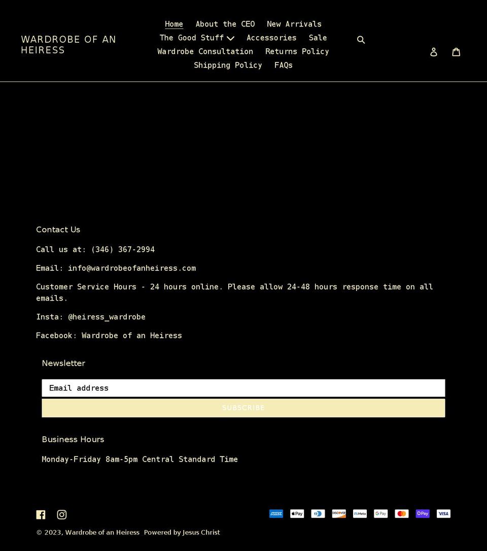 wardrobeofanheiress.com shopify website screenshot