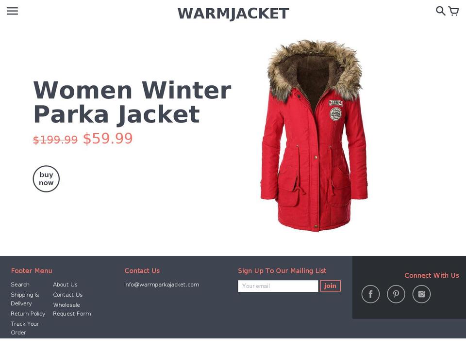 warmparkajacket.com shopify website screenshot