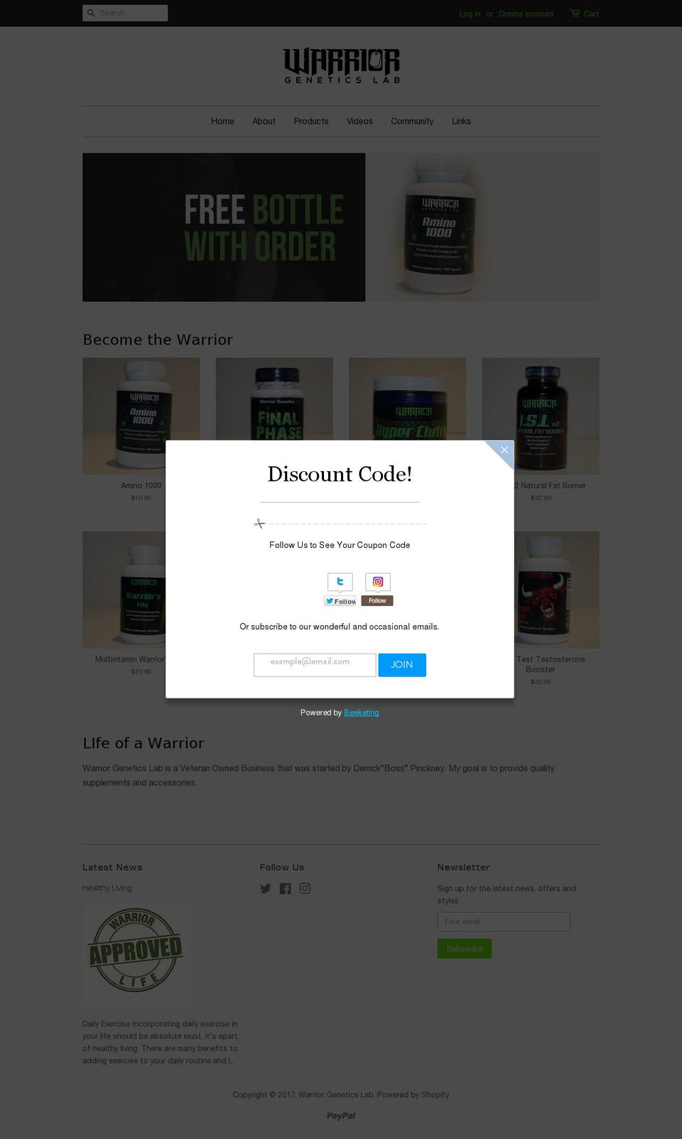 warriorgeneticslab.com shopify website screenshot