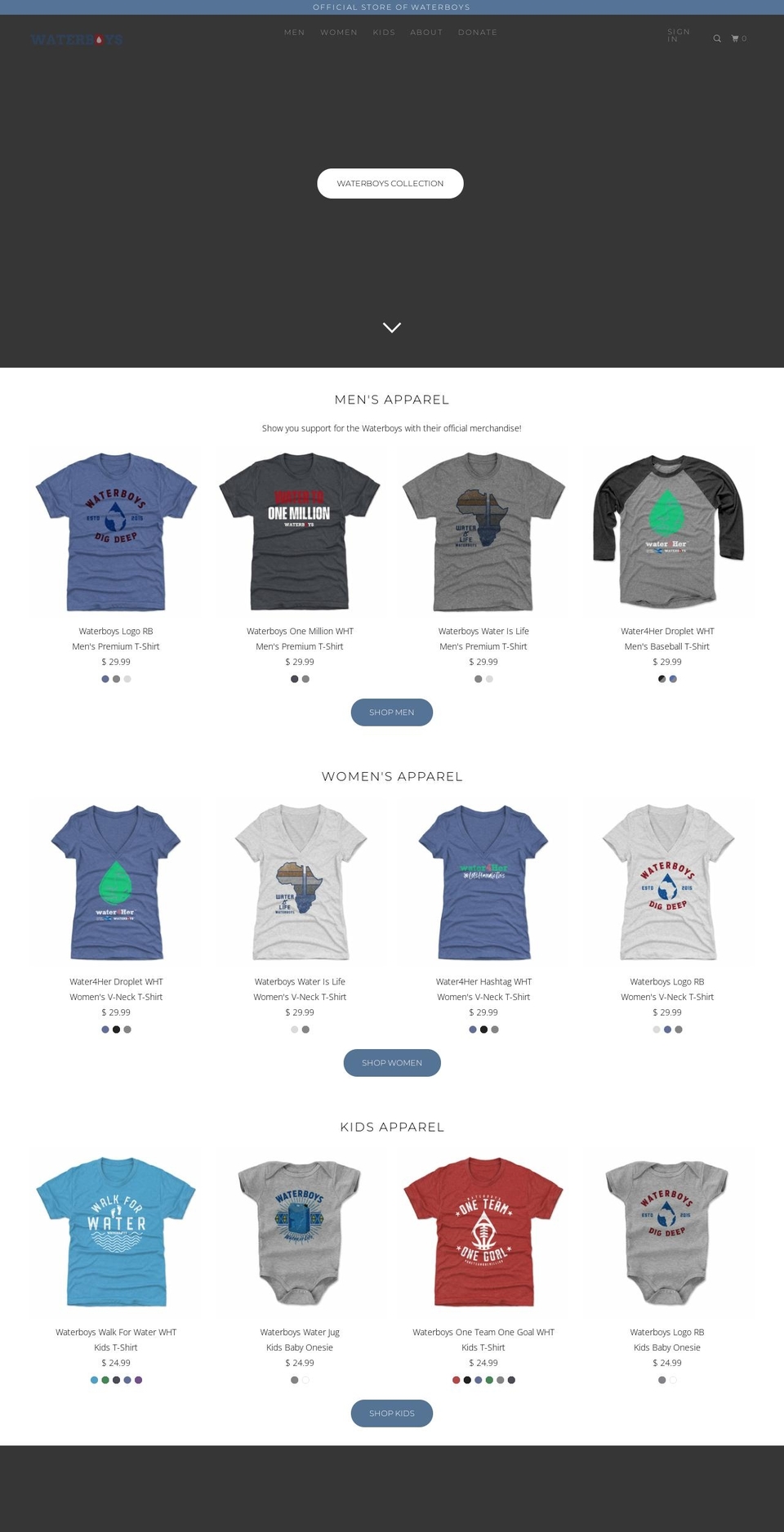 waterboysshop.org shopify website screenshot