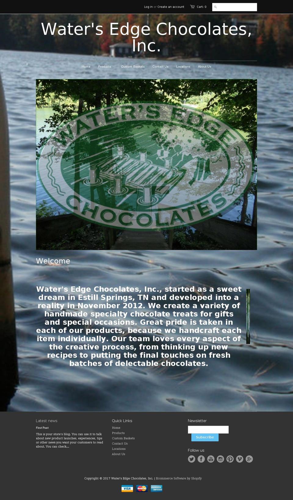 watersedgechocolates.com shopify website screenshot