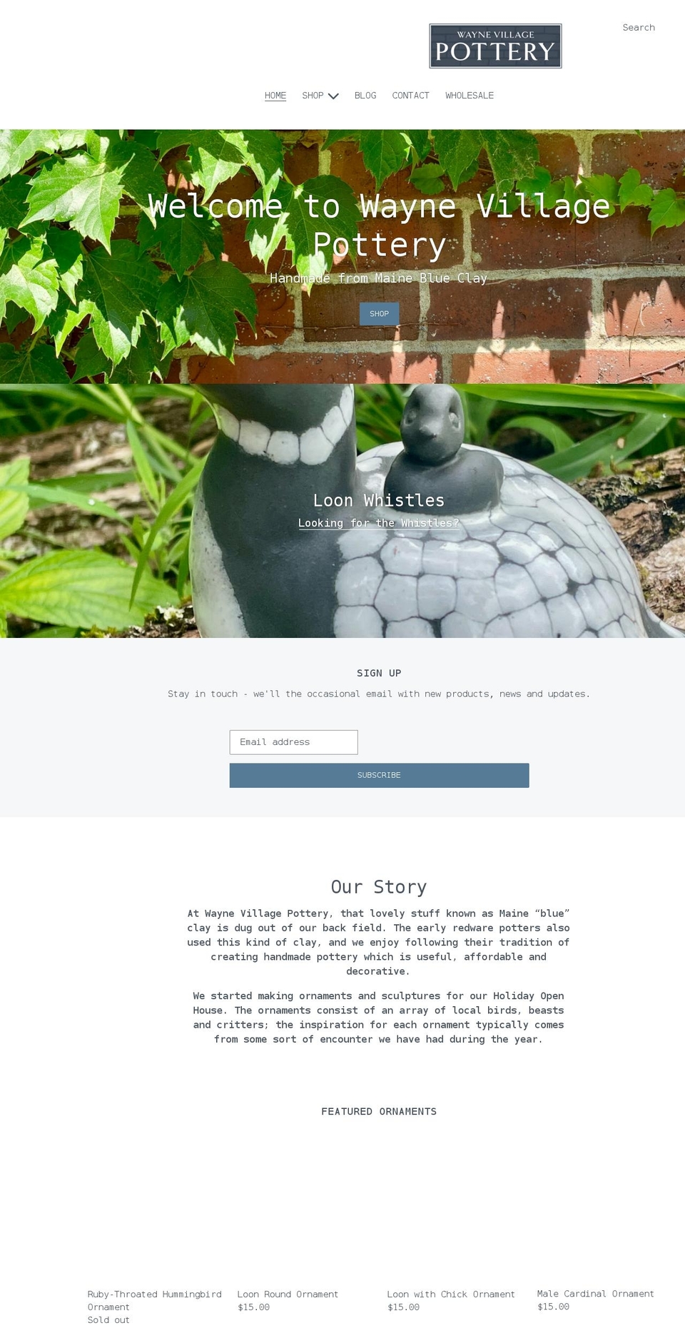 waynevillagepottery.com shopify website screenshot