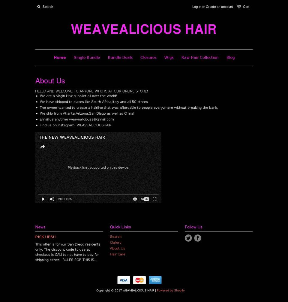 weavealicioushair.com shopify website screenshot