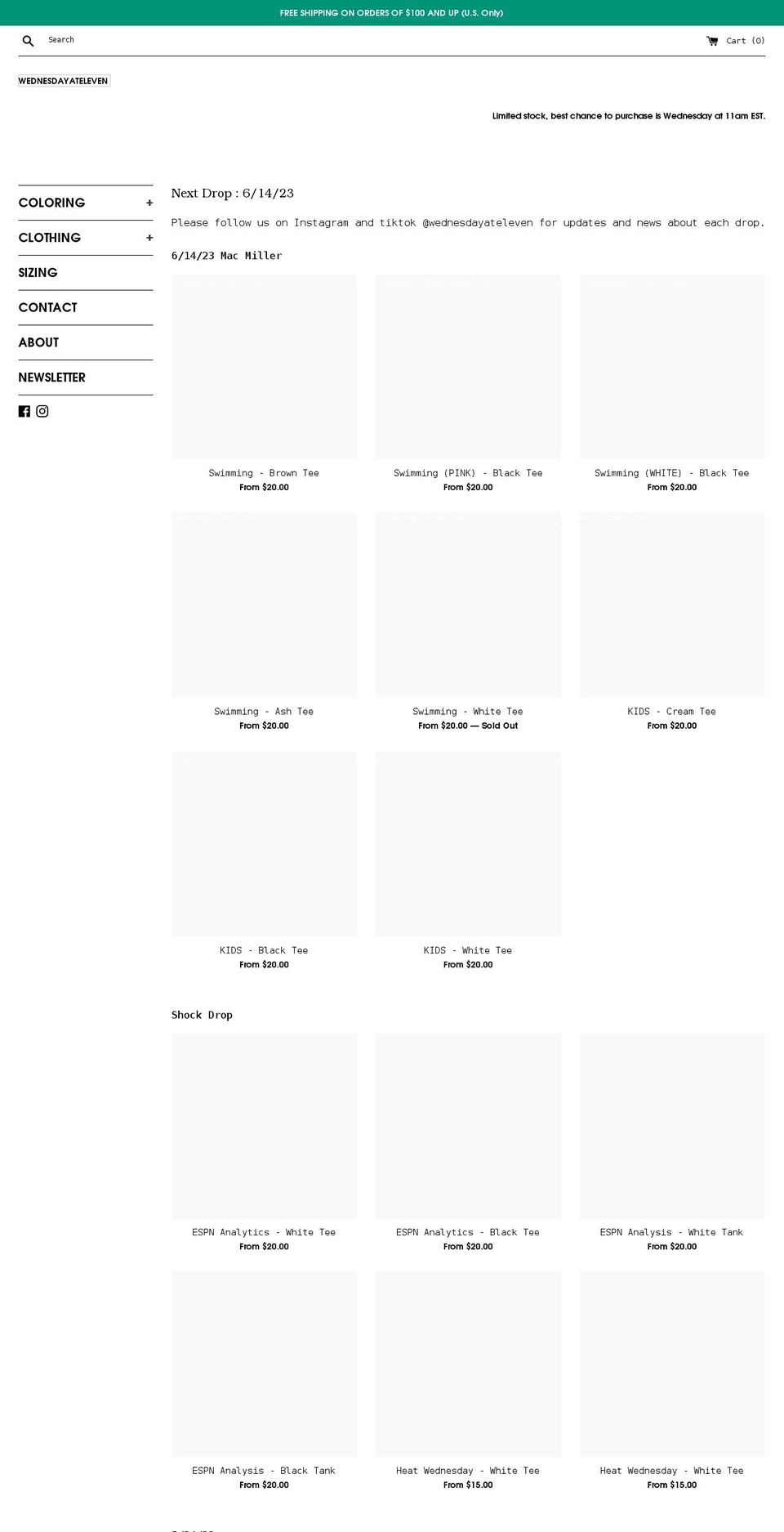 wednesdayateleven.com shopify website screenshot