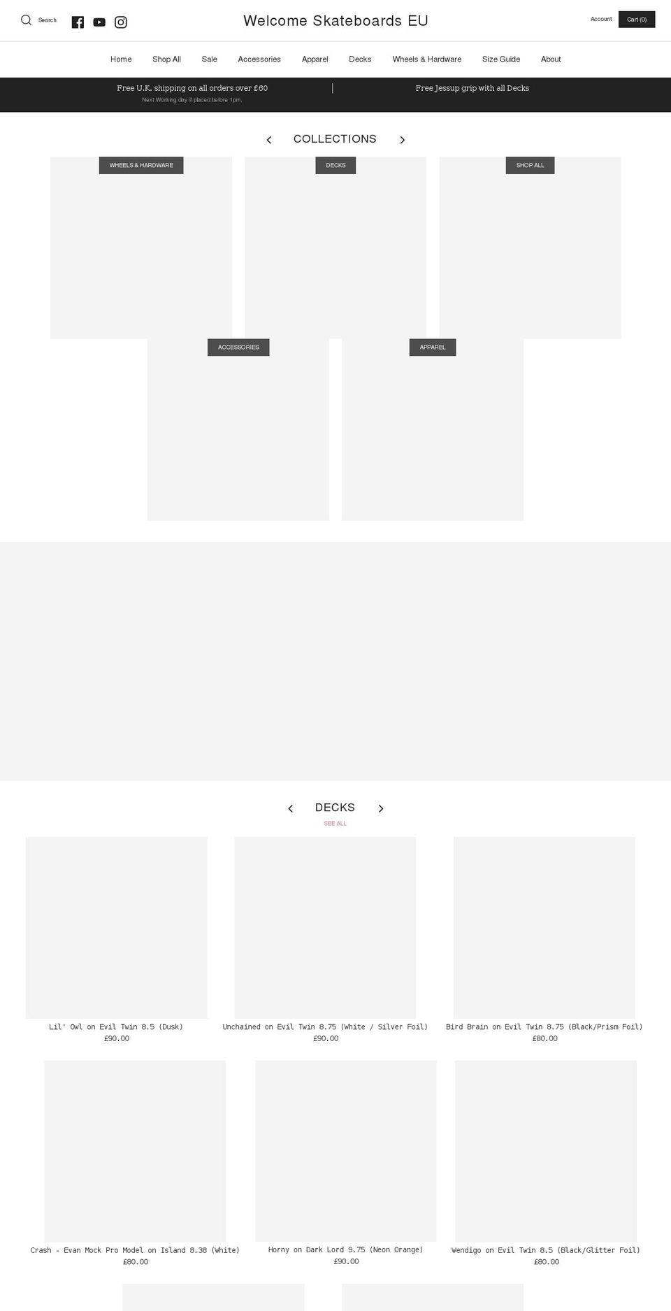 welcomeskateboards.co.uk shopify website screenshot
