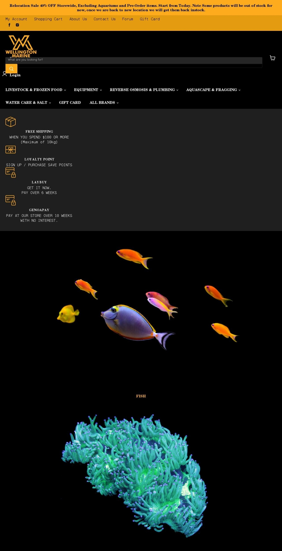 wellingtonmarineaquarium.co.nz shopify website screenshot