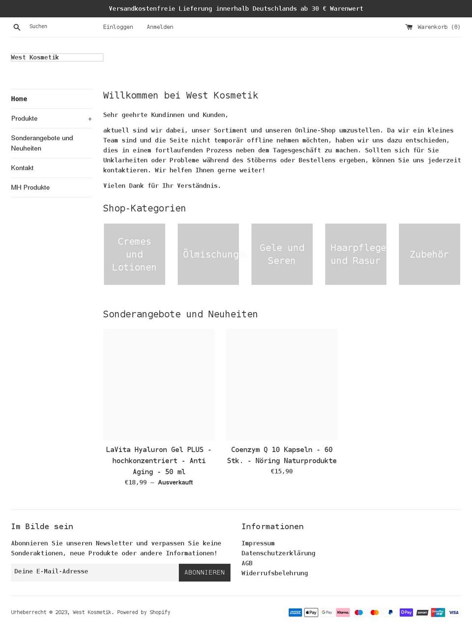 west-kosmetik.de shopify website screenshot