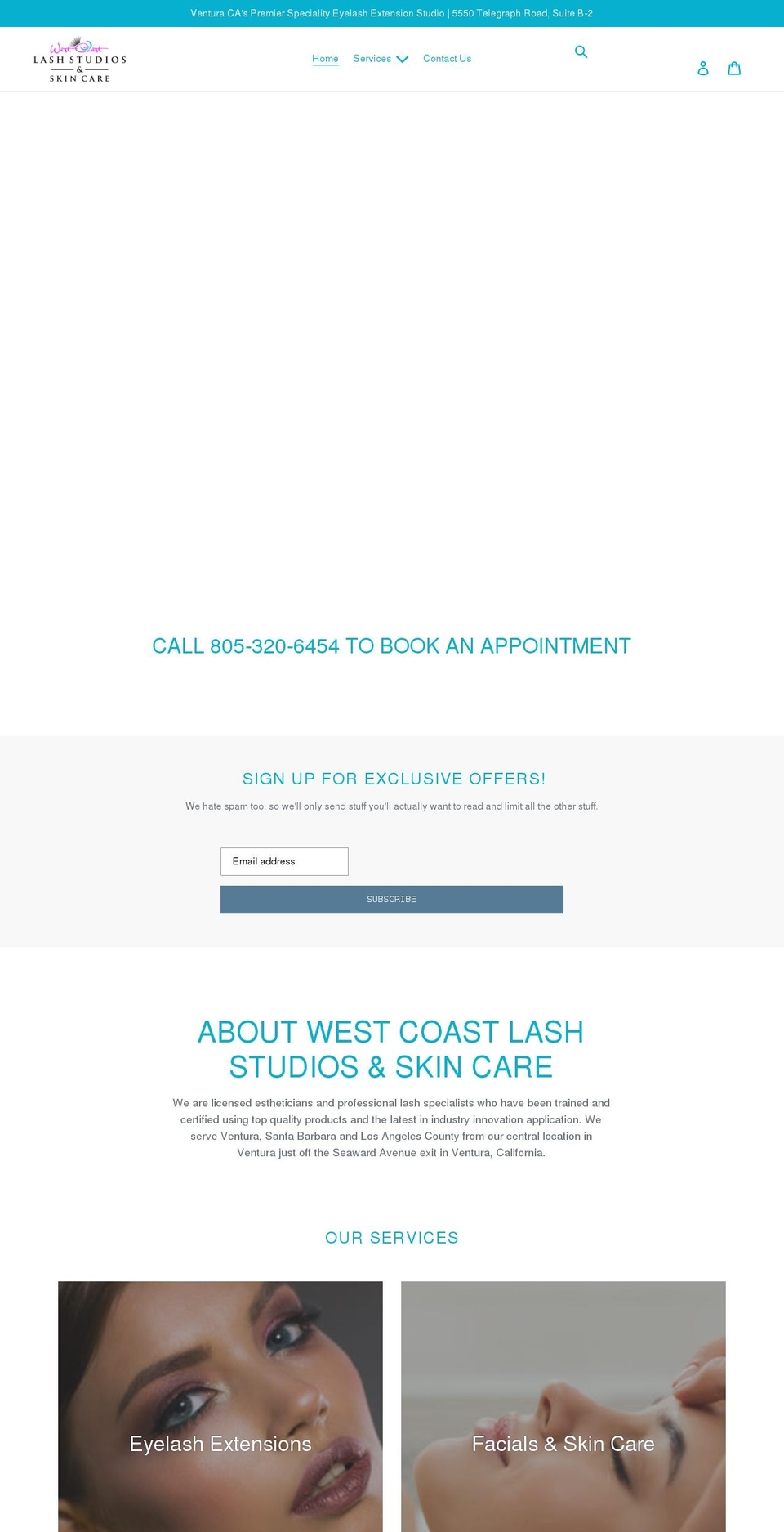 westcoastlashstudiosandskincare.com shopify website screenshot