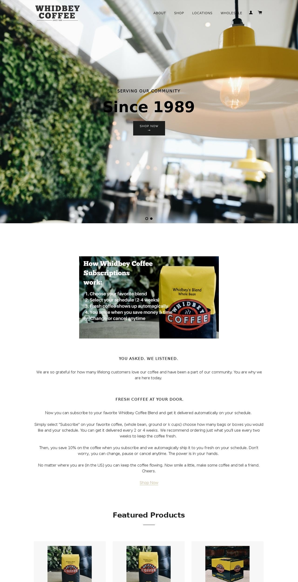 whidbeycoffee.org shopify website screenshot