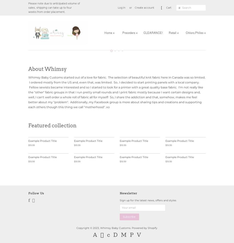 whimsybabycustoms.com shopify website screenshot