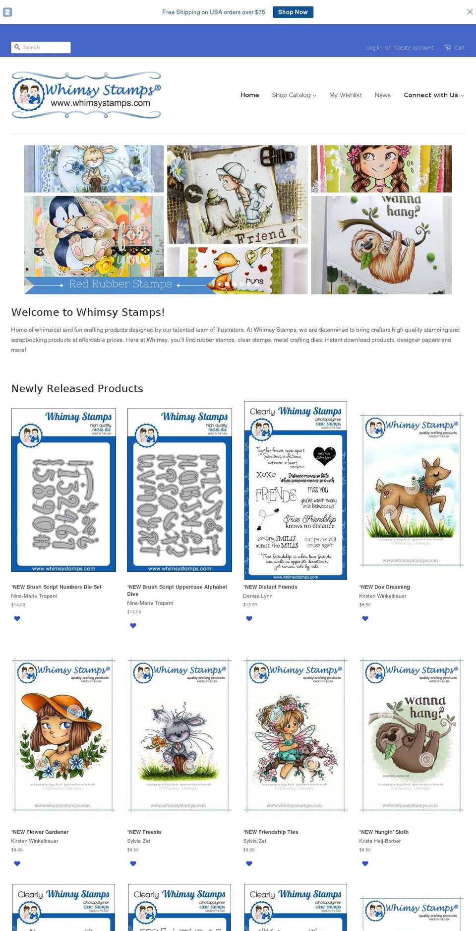 Minimal Shopify theme site example whimsystamps.com