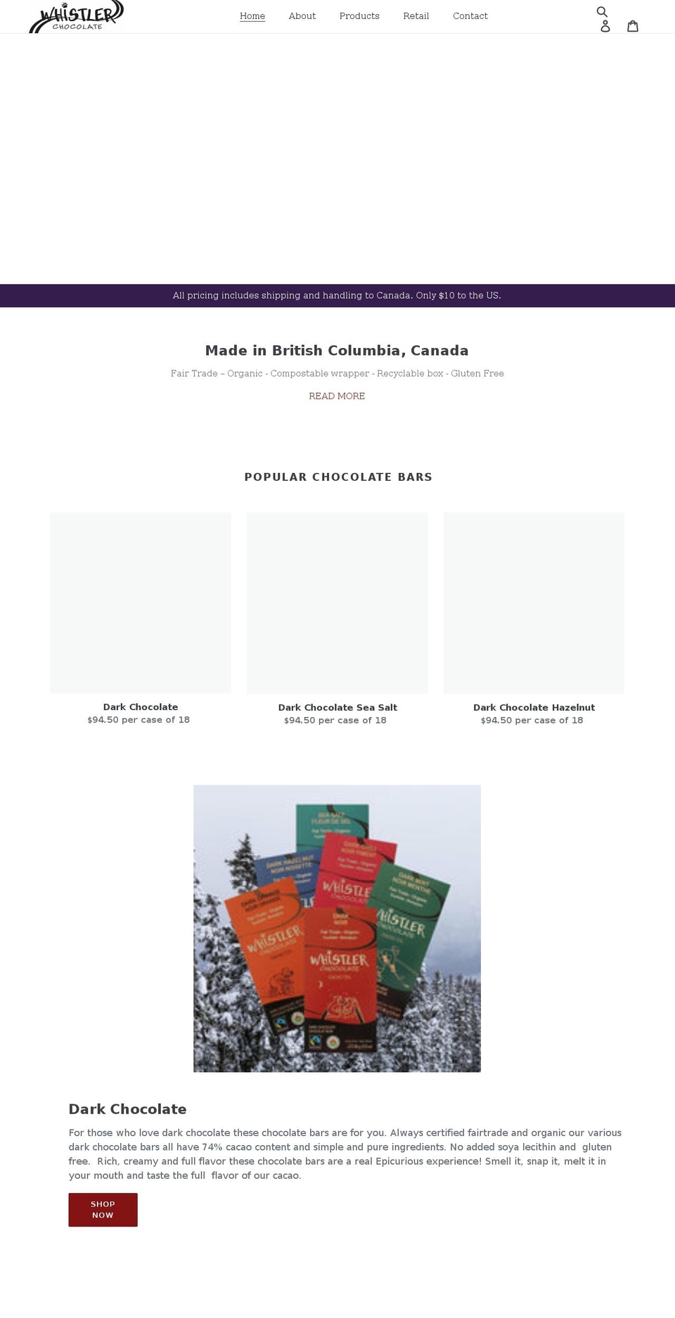 whistlerchocolate.com shopify website screenshot