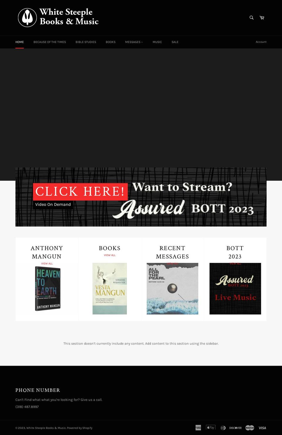 white-steeple-books-music.myshopify.com shopify website screenshot