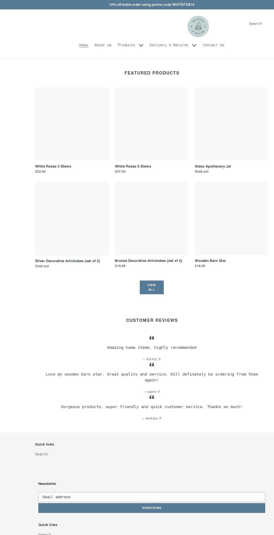 whitefoxandwillow.co.uk shopify website screenshot
