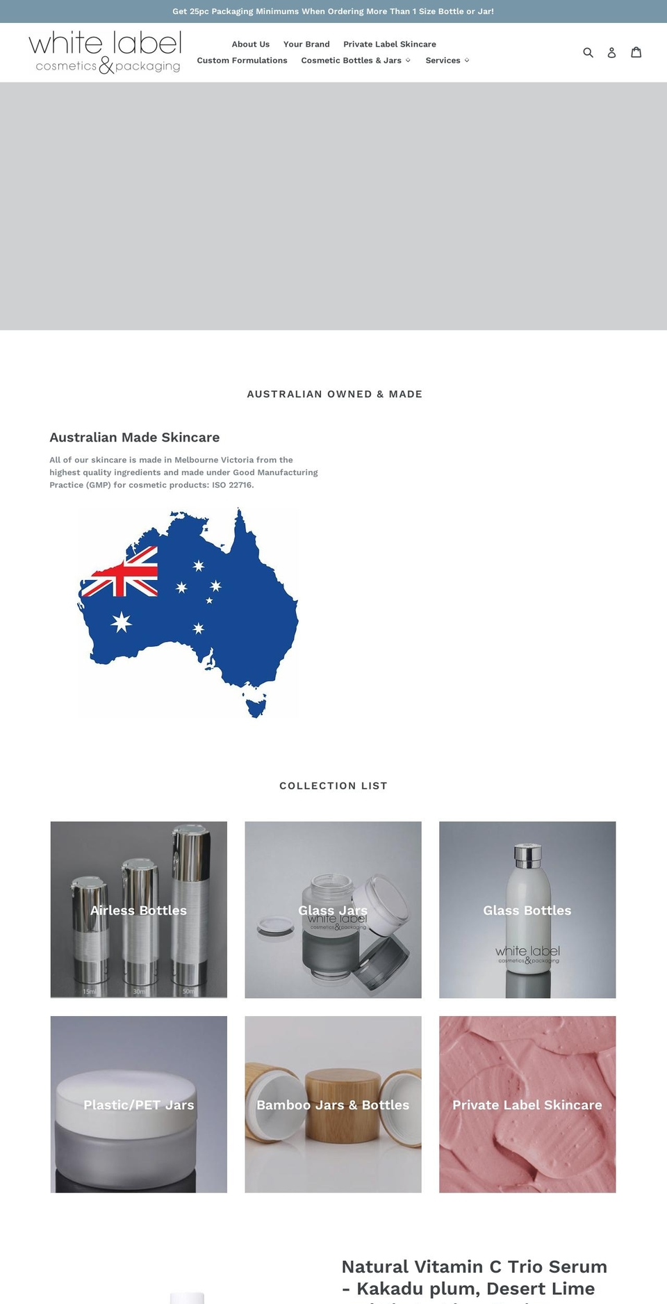 whitelabelcosmeticsandpackaging.com.au shopify website screenshot