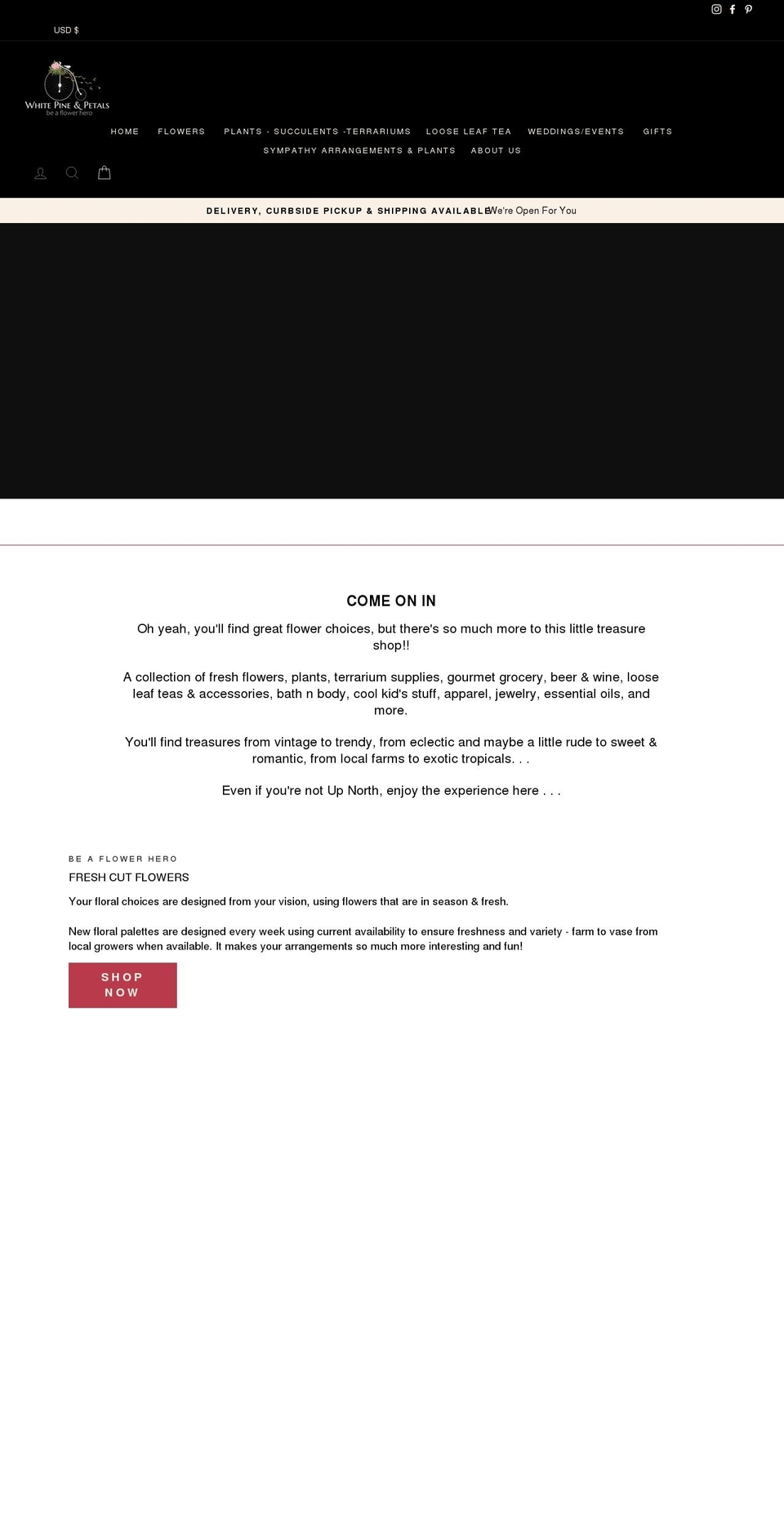 whitepineandpetals.com shopify website screenshot