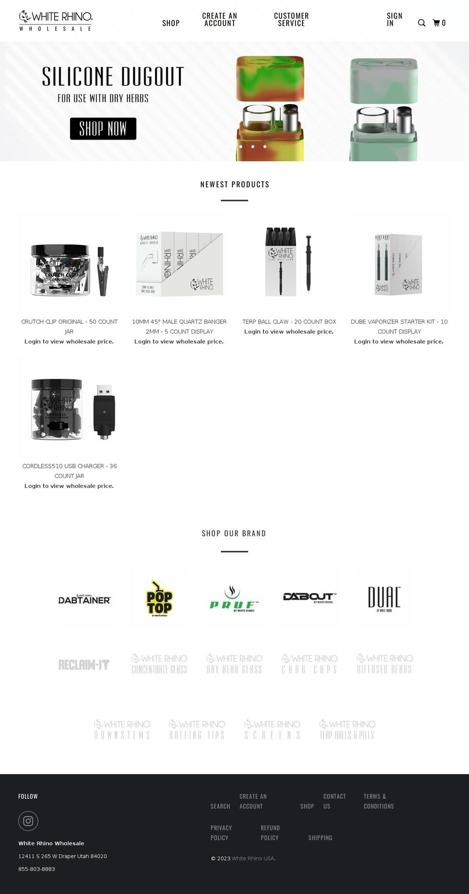 whiterhinowholesale.com shopify website screenshot