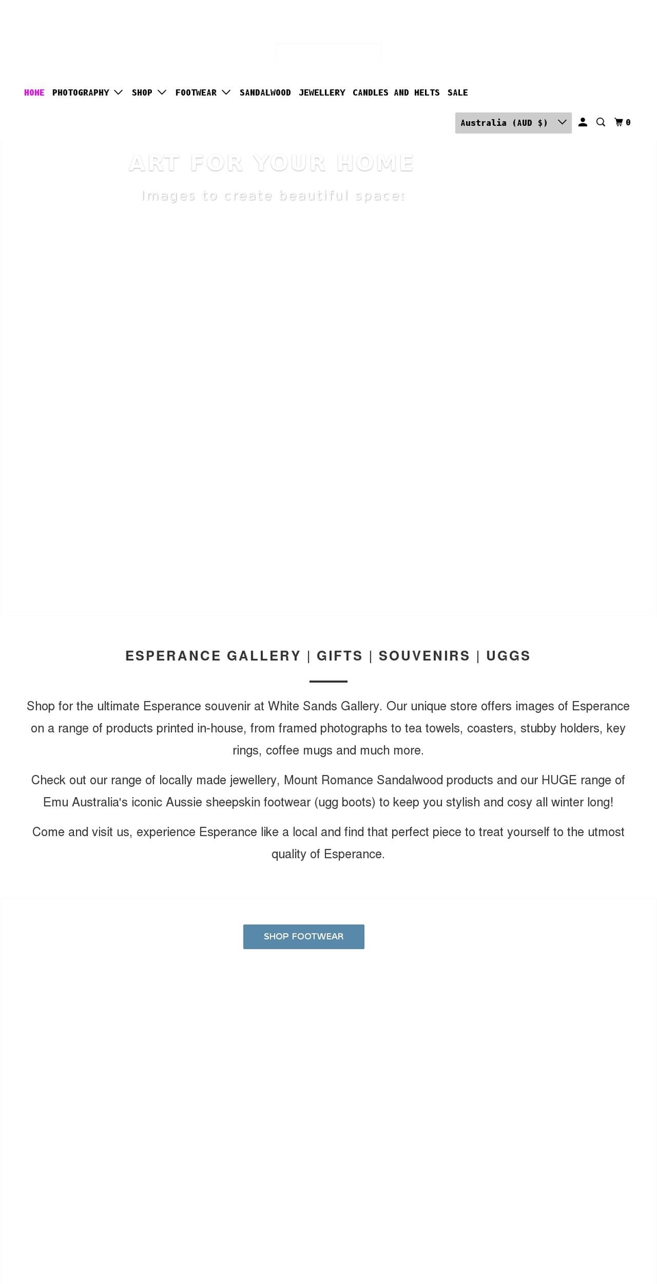 whitesandsgallery.com.au shopify website screenshot