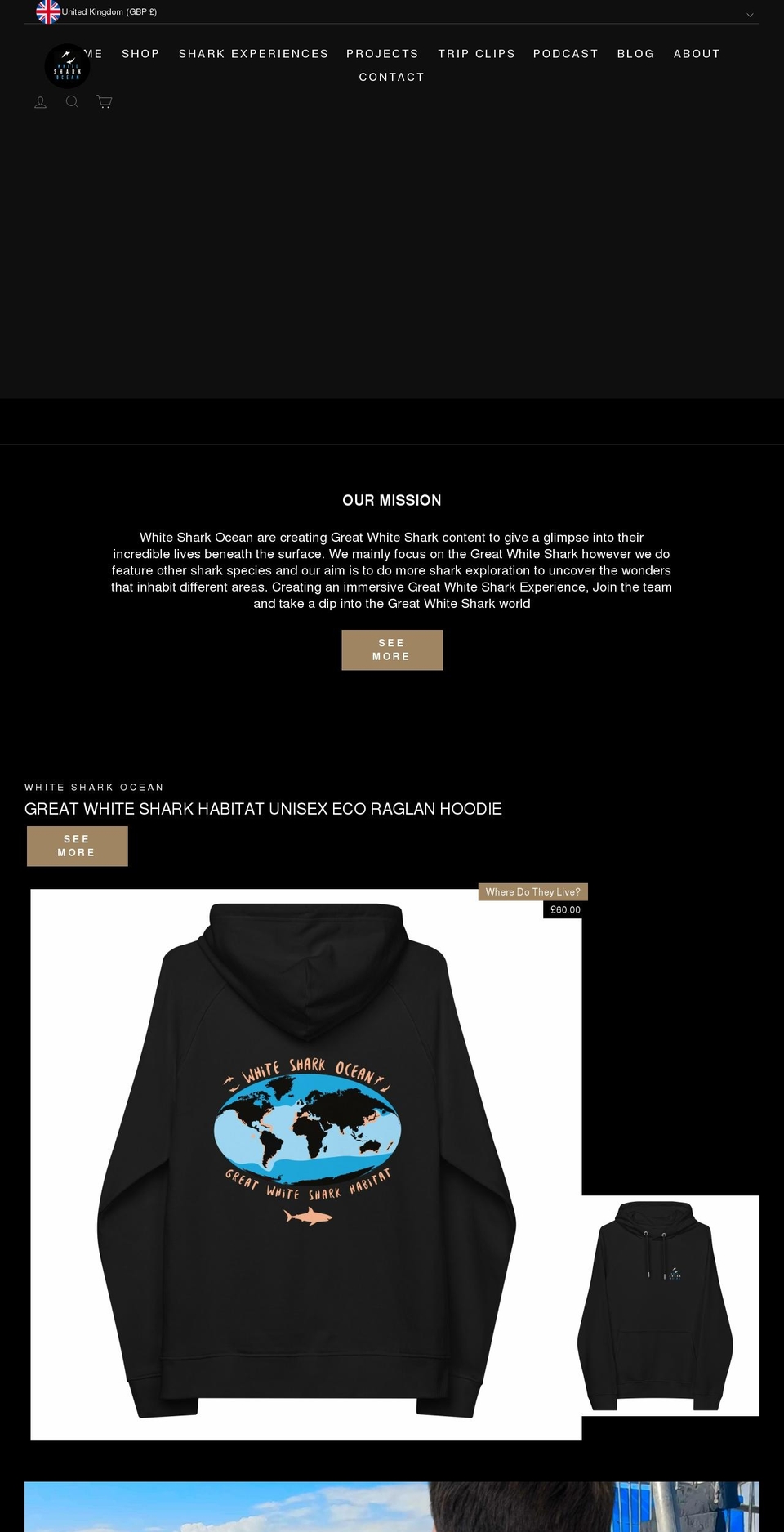 whitesharkocean.com shopify website screenshot