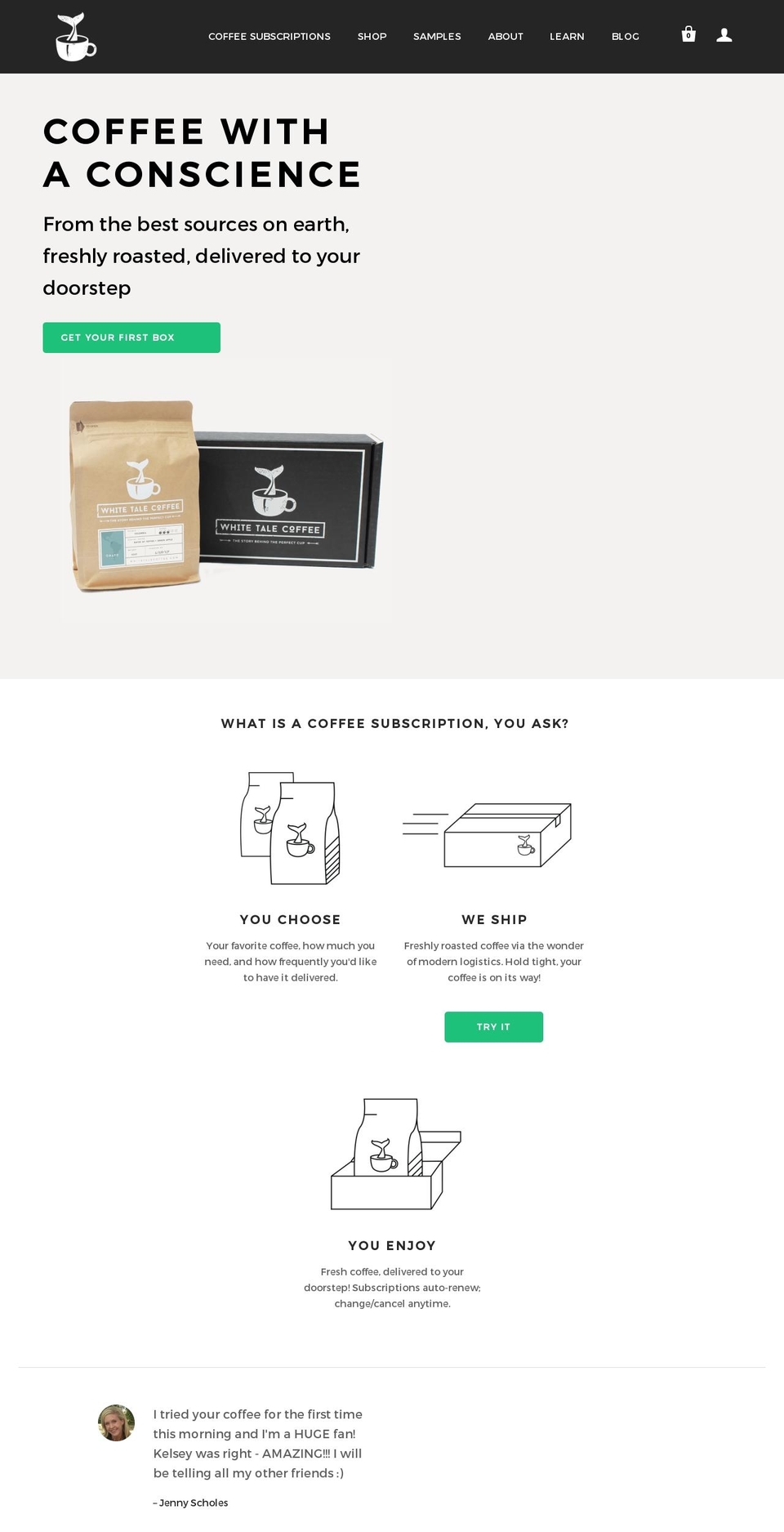 Theme v.. Shopify theme site example whitetalecoffee.com