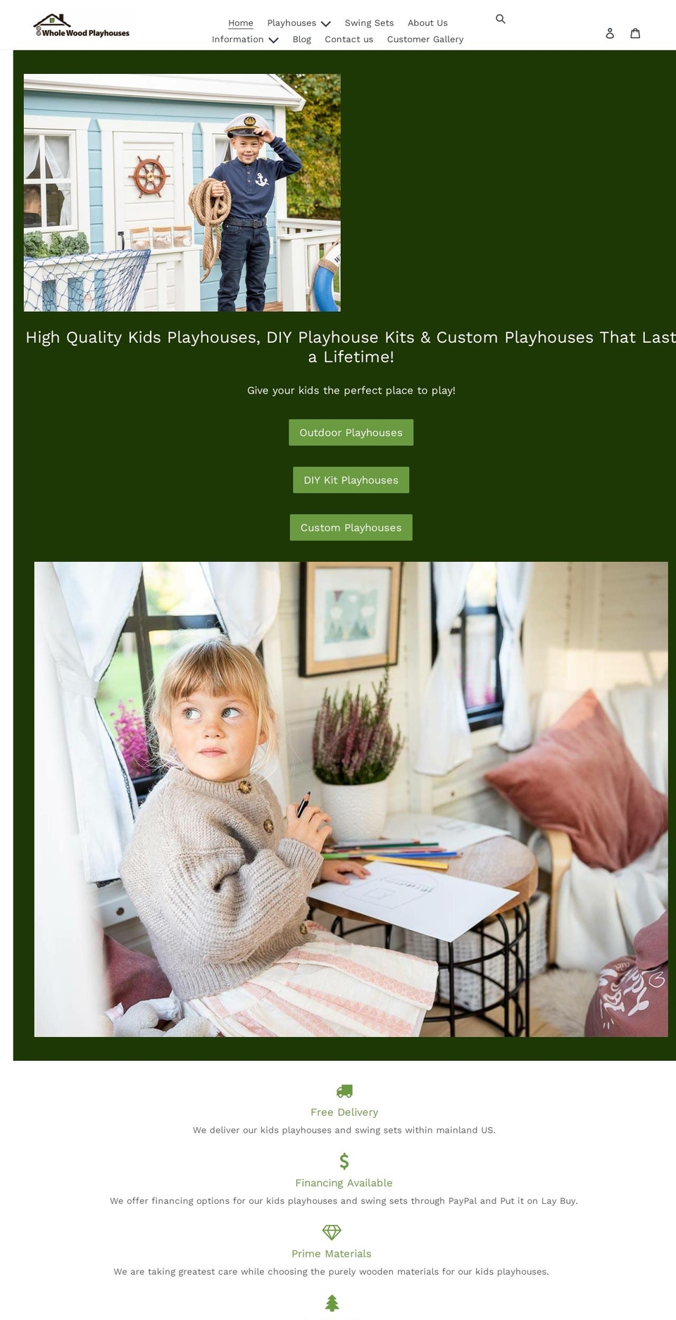 wholewoodplayhouses.com shopify website screenshot