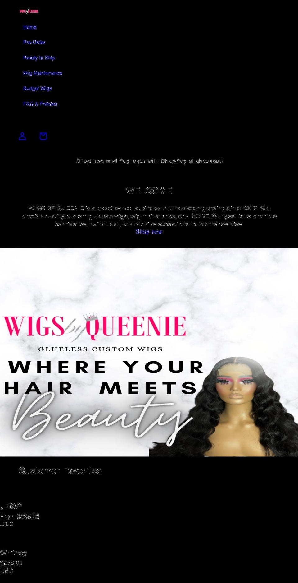 wigsbyqueenie.com shopify website screenshot